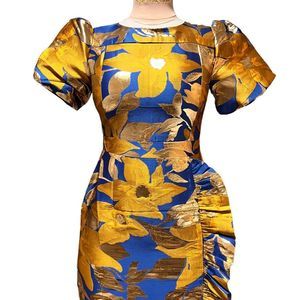 Blue and gold brocade dress